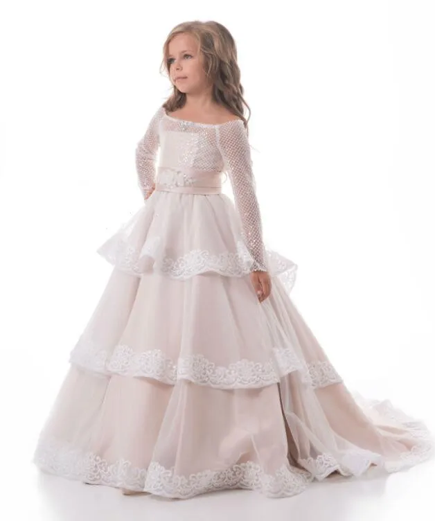 

New Long Sleeve Flower Girl Dresses for Wedding Off the Shoulder Sequins Layered Communion Gown Pageant Dress 2-16 Years Old