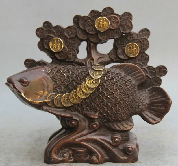 

JP S0524 9" Chinese Bronze Gild Folk Wealth Money tree Fish barracuda Statue sculpture