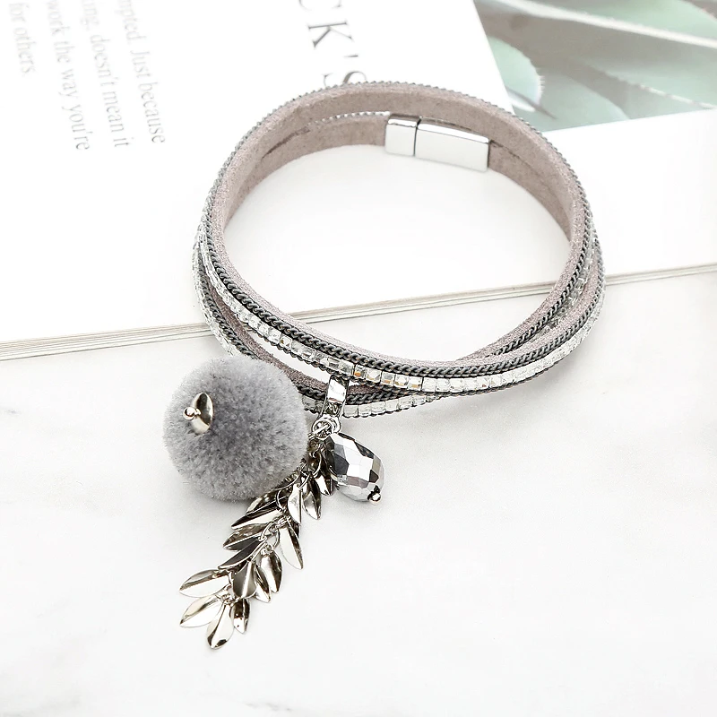 HX New Original Fashion Magnet Glass drill Buckle Crystal Hair Ball Fringe Double Circle Women Leather Bracelet Pendant Jewelry Fashion Jewelry