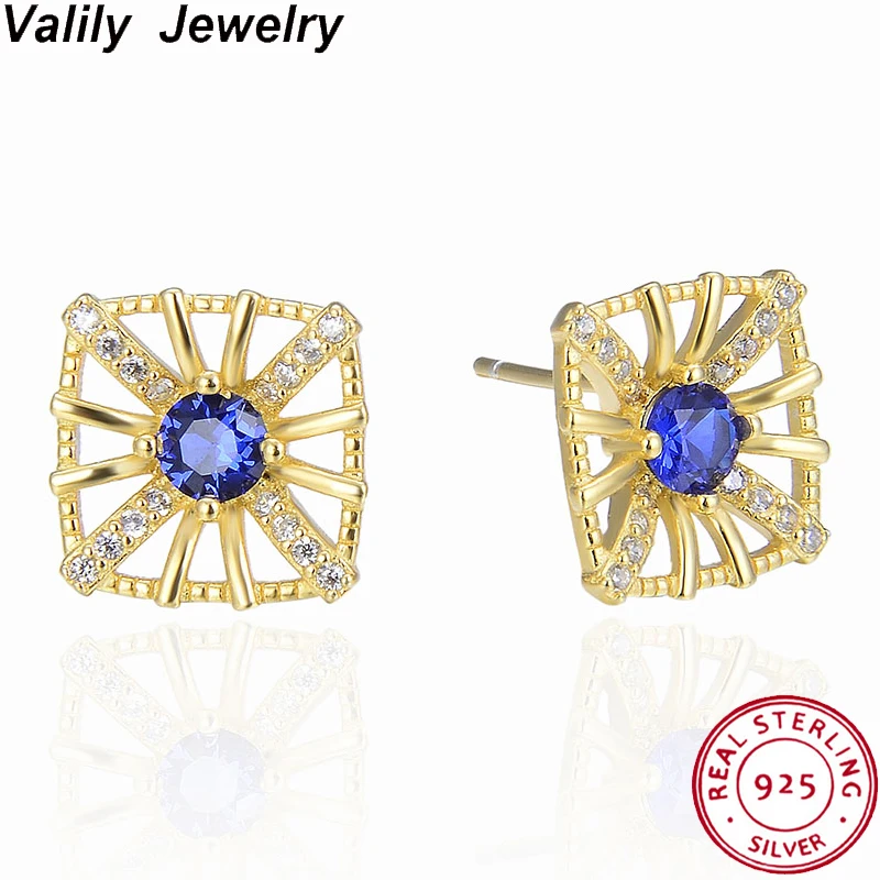 

Valily 925 Sterling Silver Stud Earrings Square Irregular Gold Color Earrings Setting Blue Zircon Engagement Wedding Earring Ear