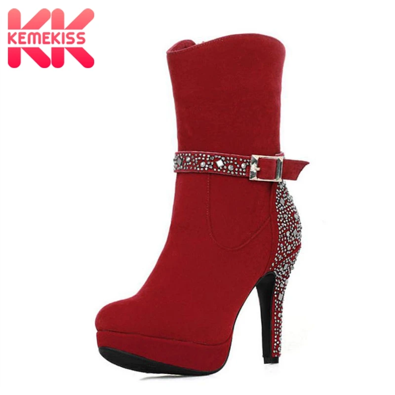 

KemeKiss Office Lady High Heels Boots Shine Beading Warm Shoes Women Fashion Party Wedding Shoes Mid Calf Boots Size 32-41