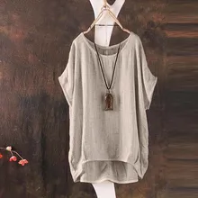 Cotton and linen loose shirt bat sleeves Summer women solid color casual round neck polyester hem irregular Blouse hotpink crew neck bat sleeves splited back blouse