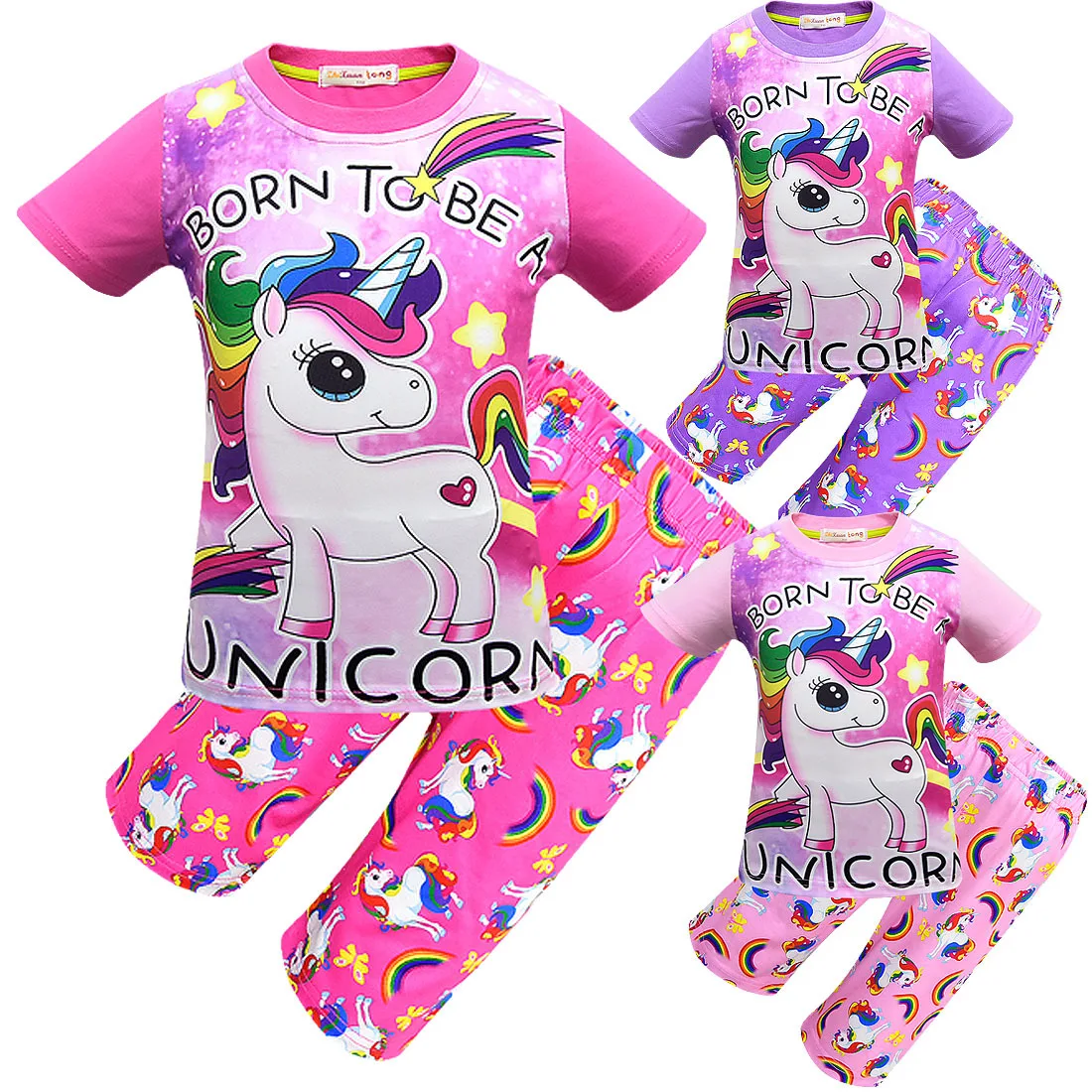 

Unicorna Children's Round Neck T-shirt Pajamas + Pants 2pcs Set Boys Girls Home Service Children Clothes Kids Sleeping Clothes