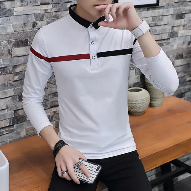 Casual Autumn Winter Polo Shirt Men Patchwork Long Sleeve Polos Slim Fit  Polo Homme