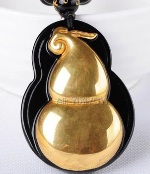 

Beautiful Handwork Natural Black Obsidian + 18K Solid Gold Chinese Cucurbit Style Lucky Pendant + Beads Necklace Jewelry