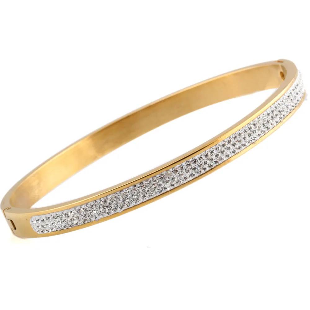 Wholesale Stainless Steel Gold Color Bangles Jewelry With White CZ
