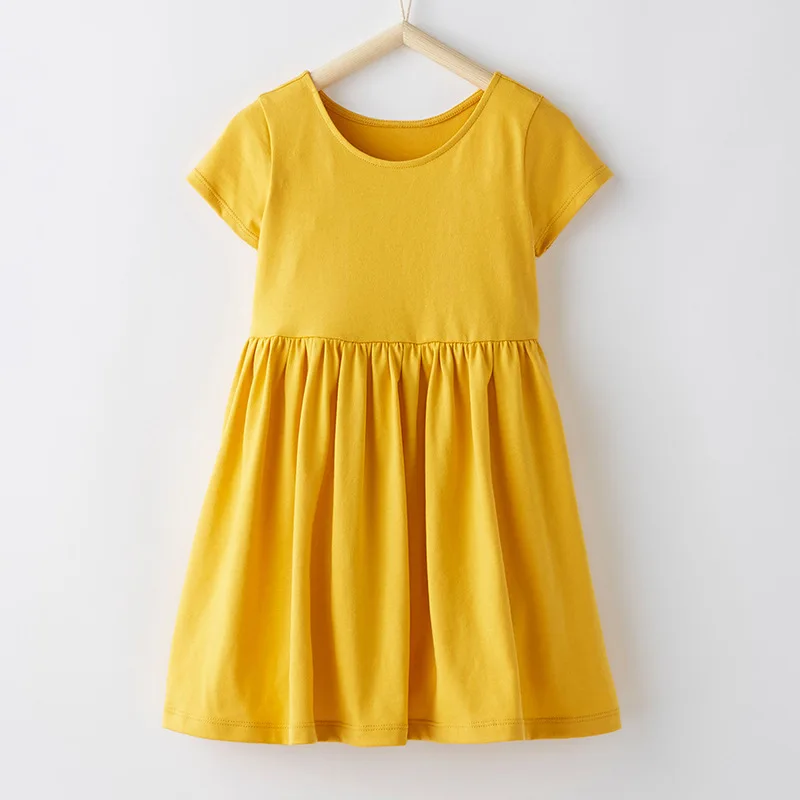 

Little Maven New Summer Kids Lovely Short Yellow Solid O-neck Kintted Cotton Girls Fashion Casual Dresses