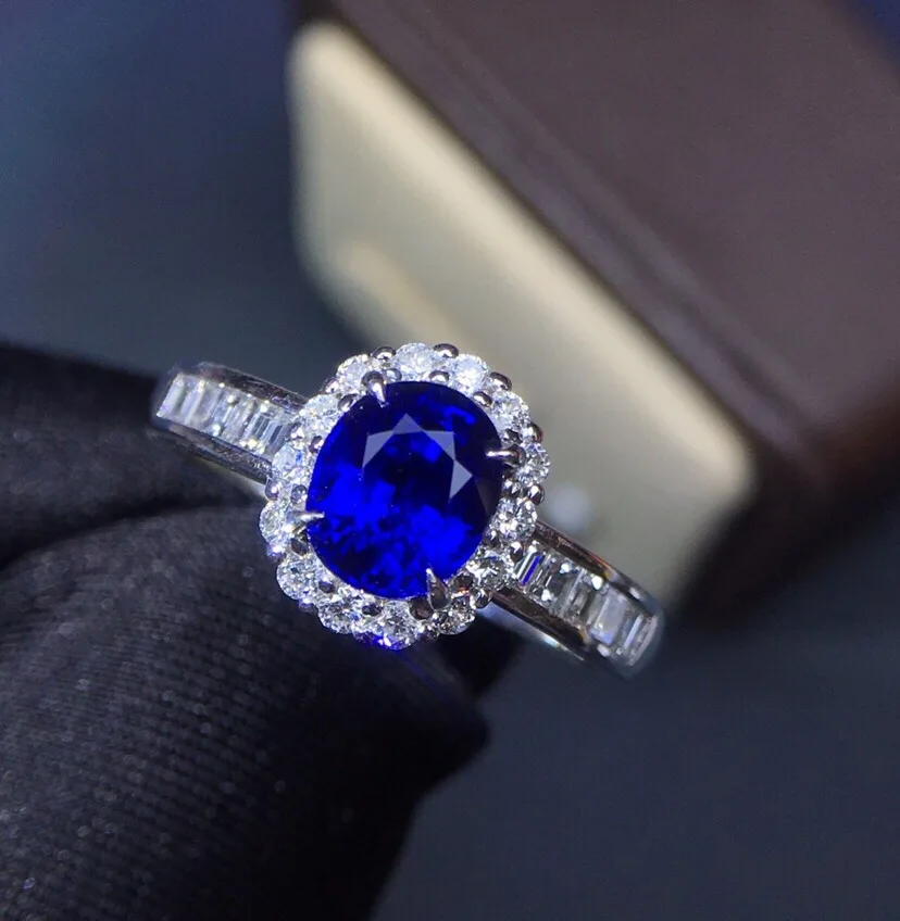 

Fine Jewelry Real 18K White Gold 100% Natural 1.55ct Blue Sapphire Gemstone 18k Gold Diamonds Stone Women Ring for Female Rings