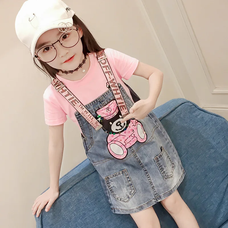 

New Cute Bear Girls Summer Short sleeve T Shirt+Denim Overalls Clothing Sets Girls Cotton Clothing Suit Kids Clothing Sets 3-12T