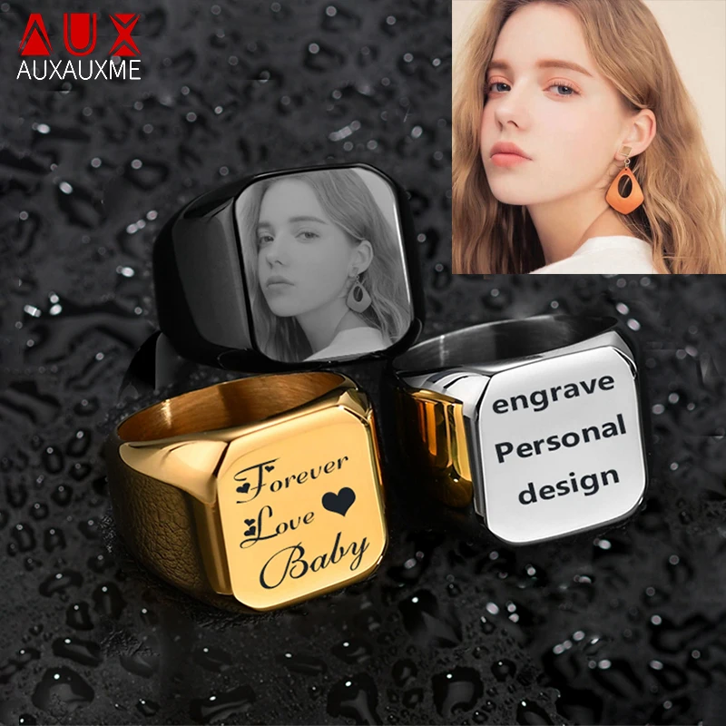 

Auxauxme Personalized Customized Engrave Name Photo Ring Stainless Steel Family Lover Engagement Wedding Rings Male Jewelry Gift