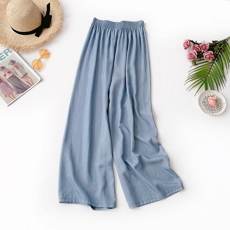 2019 new women's wide-leg pants elastic waist waist pants solid color silk imitation denim casual loose pants 858 2019 new women's wide-leg pants elastic waist waist pants solid color silk imitation denim casual loose pants 858