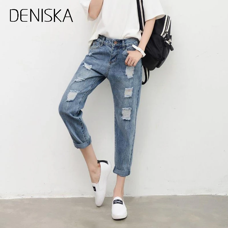 DENISKA 2018 Lady Women Ripped Jeans Pants Slim Denim High Waist Pants Ankle length Pants Female