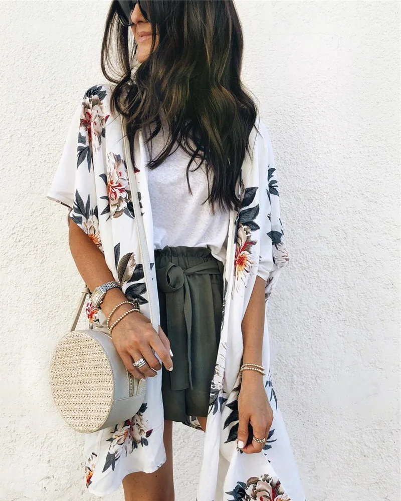 

Long tshirt women new 2019 flower print summer fashion cardigan short sleeve tops casual loose womens t shirt vestidos ONY101212