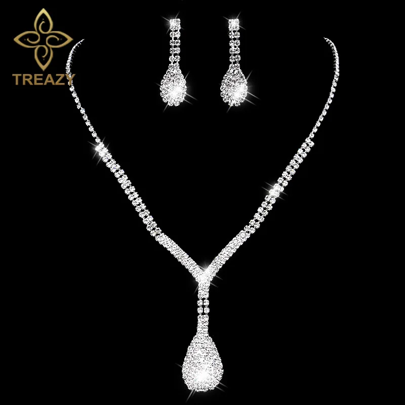 TREAZY Silver Color Teardop Full Crystal Wedding Bridal Jewelry Set Rhinestone Necklace Earrings For Women Accessories | Украшения и