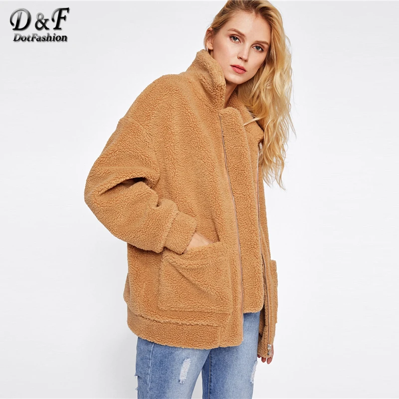 Dotfashion Camel Drop Shoulder негабаритная флисовая куртка зимняя женская новая стильная куртка на молнии с воротником и длинным рукавом опрятное негабаритное пальто