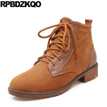 

Round Toe Fur Suede Shoes Lace Up 10 Winter Booties Women Boots 2017 Brown Combat Military Cheap Ankle Flat Female Short New