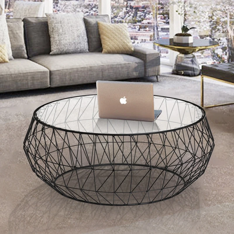 North European Living Room Creative Tea Table Modern Simple Tempered Glass Tea Table Round Metal Black Furnishing Decoration