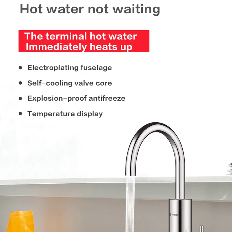 Instant Electric Water Heater Tankless Hot Water Heating Tap Kitchen Faucet Stainless Steel Tap with Temperature Display 220V
