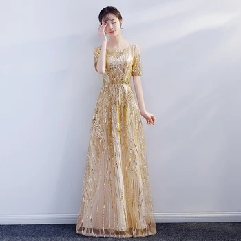 

2020 Fashion Female Full Length Evening Party Dress Elegant Long Slim Vestidos Sequins Noble Gold Asian Lady Banquet Gowns