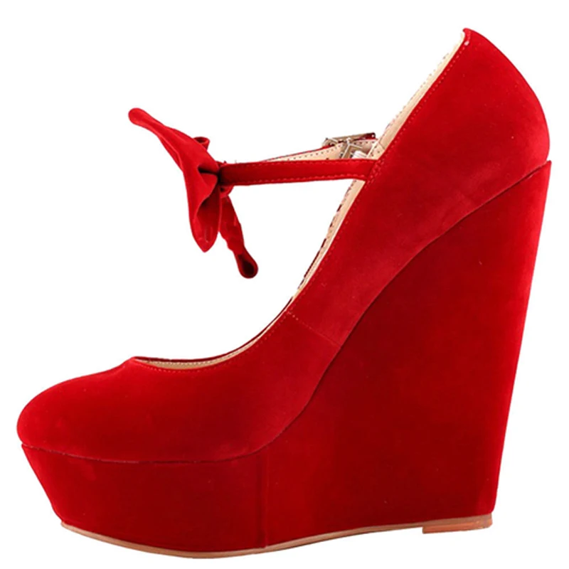 Spring Bowtie Ankle Strap Super Wedge High Heels Pumps Ladies Solid