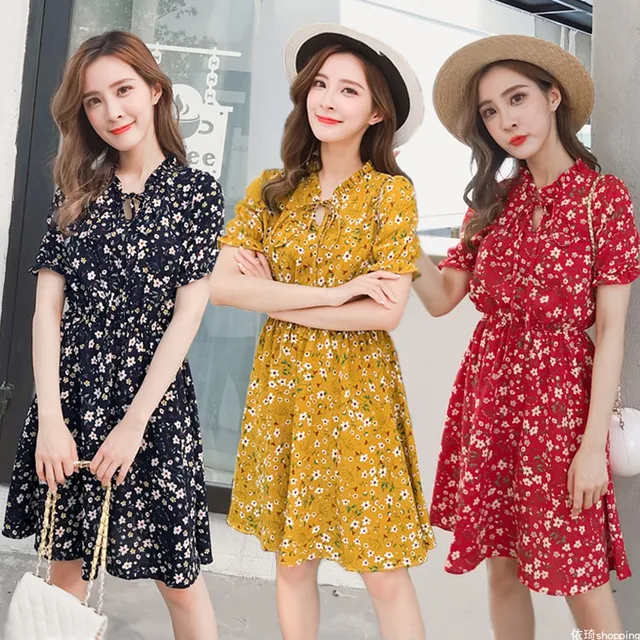 14colors Beautiful 2018 New Summer Fashion Women Chiffon Dress A-line Floral Print Short Sleeve V-neck Formal Retro Slim Dresses