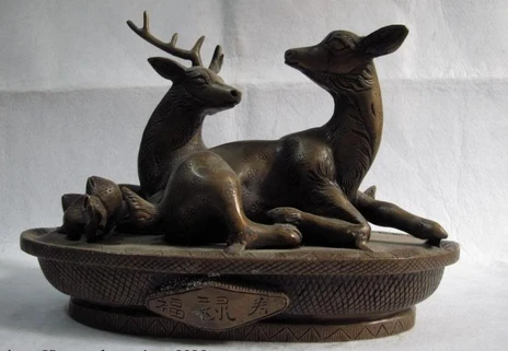 

003426 Chinese classicality bronze copper carved Lucky two Deer peaches fengshui Statue