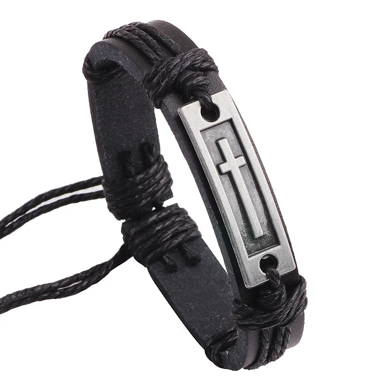 

Genuine Leather Bracelet Hollow Up Metal Cross Charm Cuff Bangles Jewelry