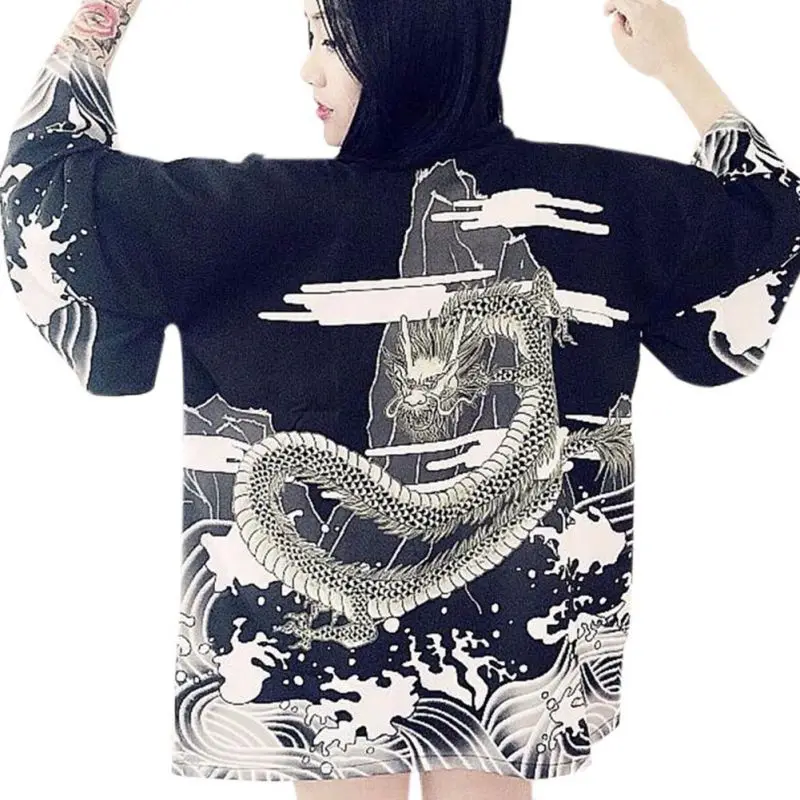 

Vintage Summer Women Cardigan Dragon Waves Printed Chiffon Sun Protection Kimono Shirt Outerwear