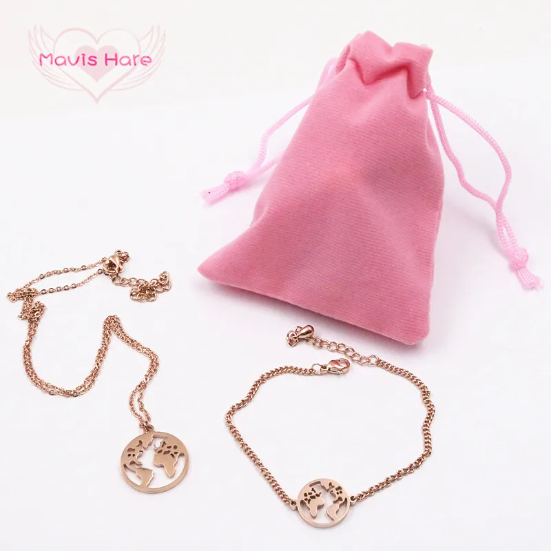 

Mavis Hare Stainless Steel 15mm The world Map Bracelet with 20mm Map Pendant Necklace Set include 7*9cm Pink flannelette bag