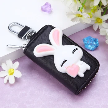 

2020 New Korean Key Holder Cow Leather Women Housekeeper Key Wallet Cartoon Rabbit Creative Gift Key Organizer Car Key Bag