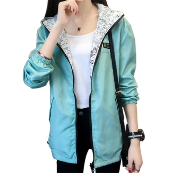 

2018 Spring Autumn Women Basic Pockets Zipper Hooded Trench Coat Female Two Side Wear Cartoon Print Loose Windbreaker O179