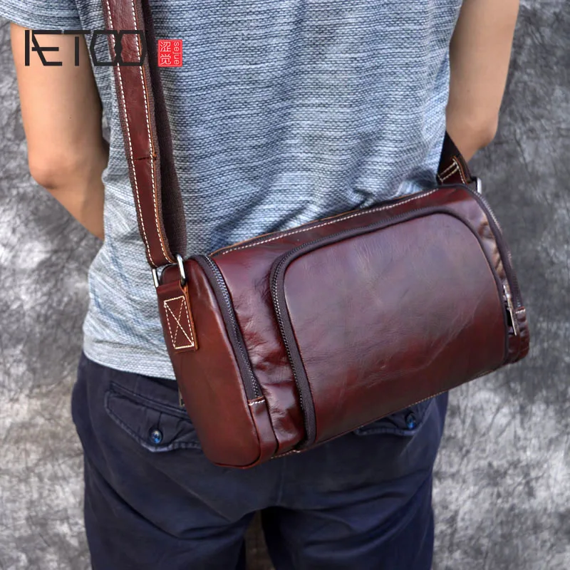 

BJYL Original retro rough head layer cowhide leather crazy horse skin oil wax barrel bag shoulder bag Messenger bag men and wom
