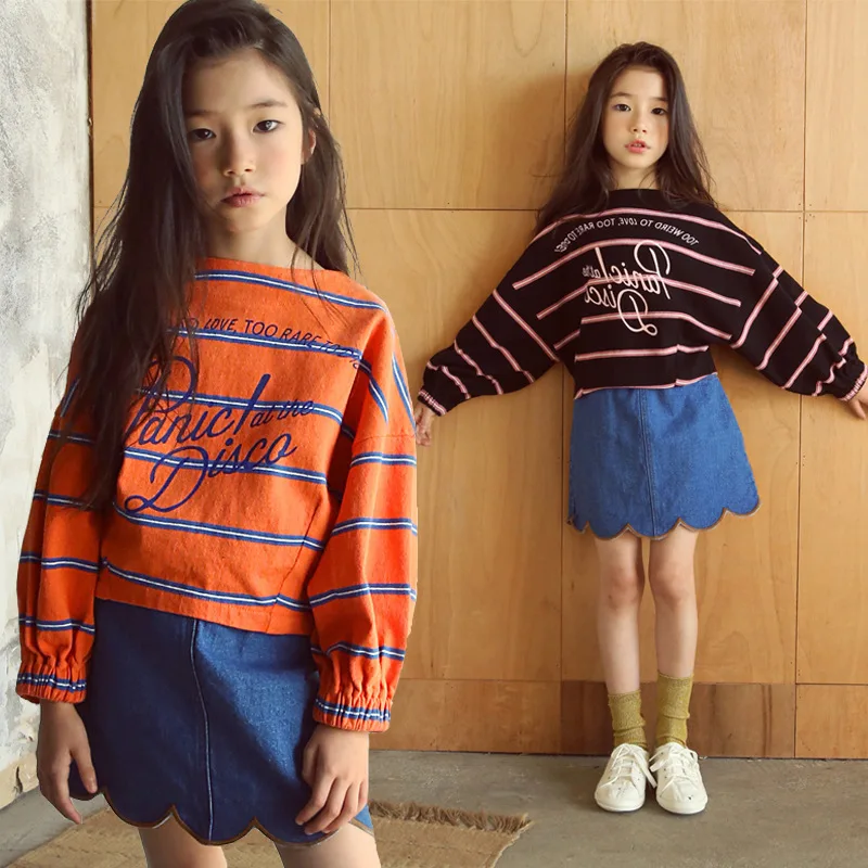

2019 New Teens Kids Girl Clothing Sets Spring Clothes Long Sleeve Striped T-shirt Tops+Embroider Denim Skirt 2PCS Set CA777