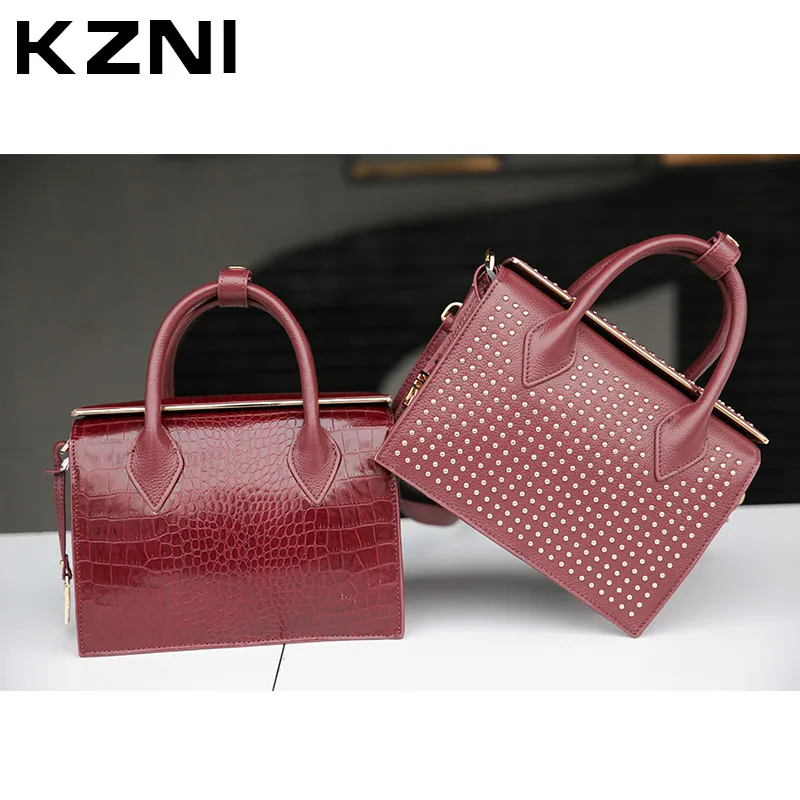 

KZNI Real Leather Tote Bag 2017 Handbag for Women Crossbody Shoulder Day Clutches Luxury Handbags Top-Handle Bags Black 1387