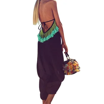 

Beach jumpsuit New Fashion Woman Sexy Backless tassels Sleeveless V-Neck Loose Jumpsuits Summer Female Clothing Large Size