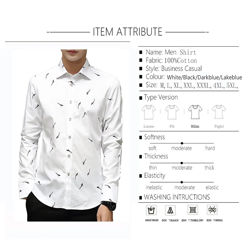 BROWON Роскошные брендовые Для мужчин рубашка с длинным рукавом отложной воротник с принтом рыбы Праздничная рубашка Большой Размеры 5XL Для мужчин одежда
