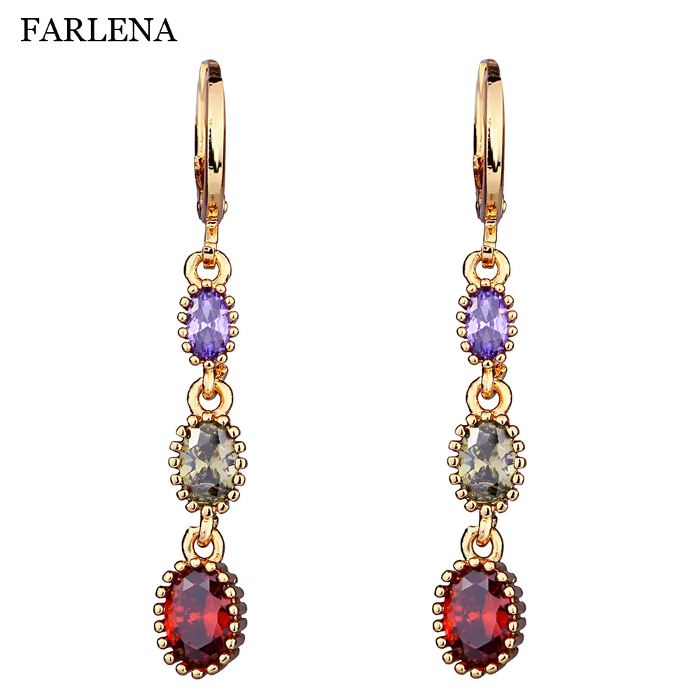FARLENA Jewelry Round Shape Drop Earrings Inlay with Multicolor Zircon Crystal Long for Women Wedding Accessory | Украшения и