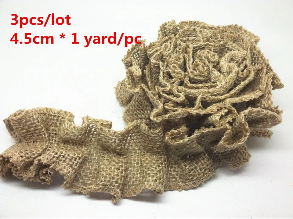 3pcs/lot 4.5cm*1yard/pc Handmade Ruffled Burlap Ribbon Trim For Wedding Decorations Burlap Flower Ribbon Natural