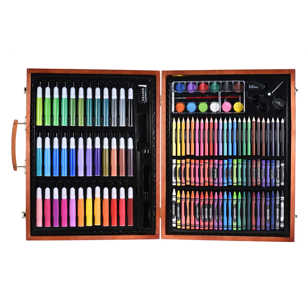 148pcs Делюкс для рисования набор детей с деревянным чехол Цвет маркеры Карандаши
