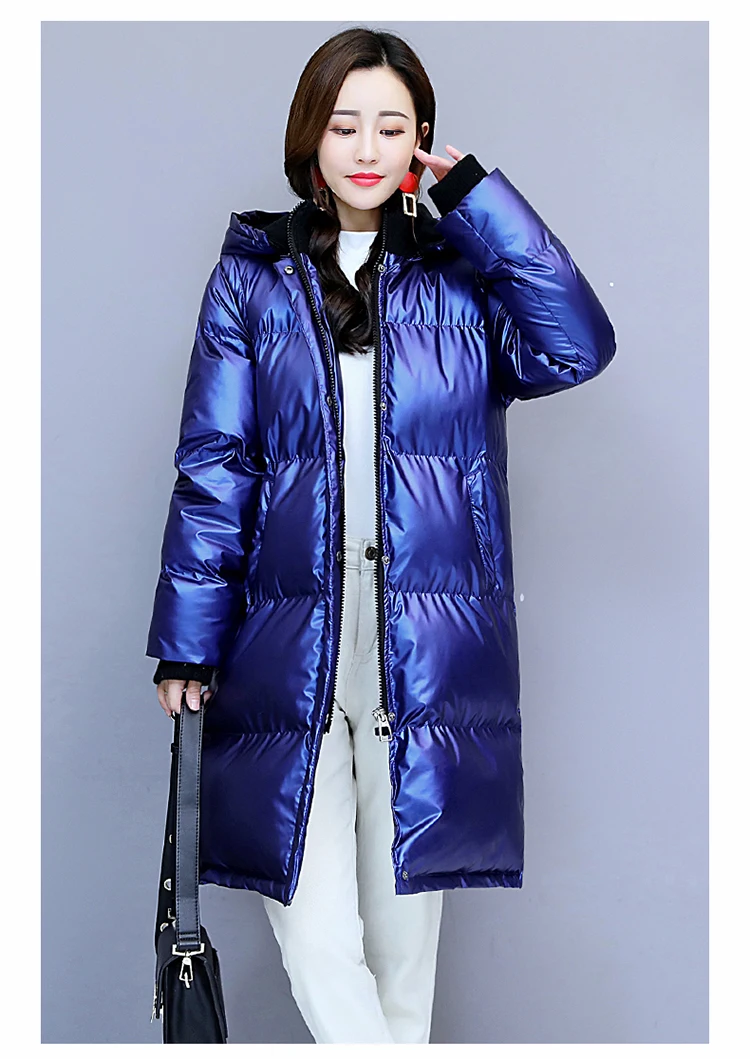 Стильная женская зимняя куртка металлическое глянцевое зимнее теплое пальто женские утепленные пуховики парка с капюшоном manteau femme hiver 139