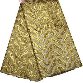 

Special Knitted High quality Gold Sequin African Double organza lace with hand cut ,Swiss Cotton Organza with Stones F4-402