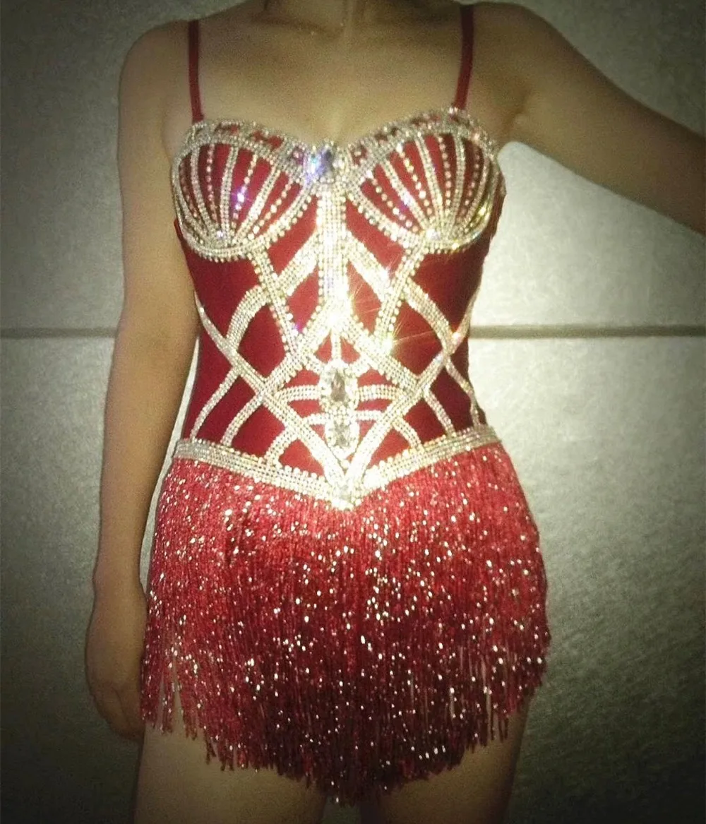 

Fashion Sparkly Crystals Red Sexy Fringes Leotard Bling Stage Dance Performance Outfit Nightclub Party Wear Show Clothes