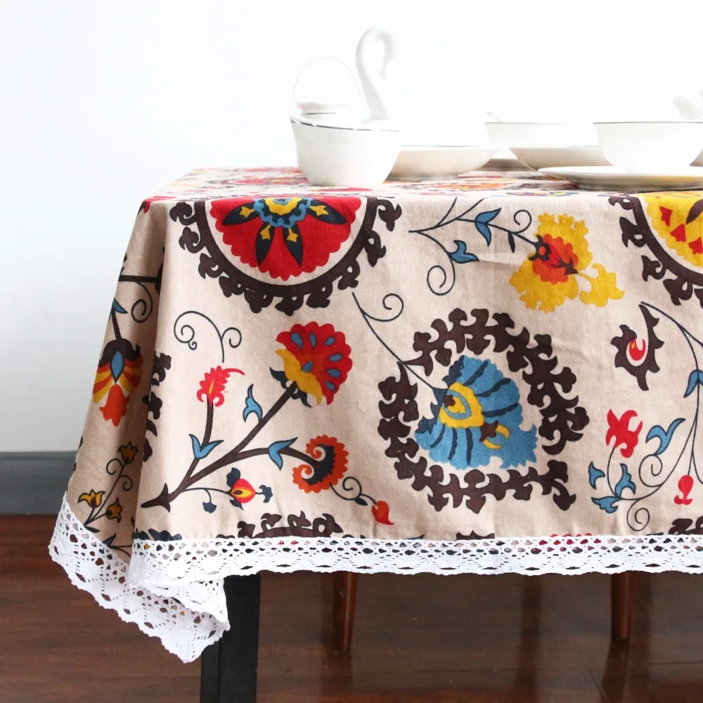  BeddingOutlet Bohemia Tablecloth Boho Sun Floral Table Cloth Lace Edge Linen And Cotton Table Cover