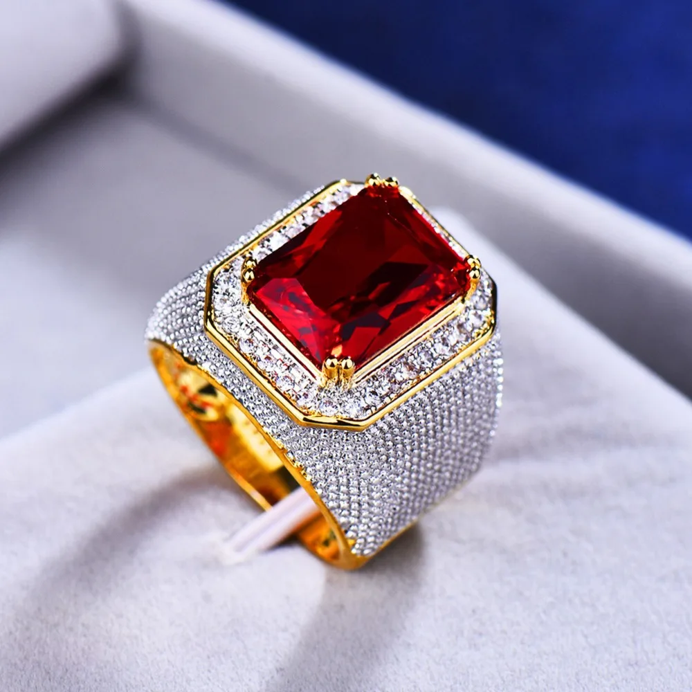 Великолепное большое красное обручальное кольцо для мужчин и женщин, милые ювелирные изделия из желтого золота, кольцо с цирконием, винтажные свадебные кольца для мужчин и женщин