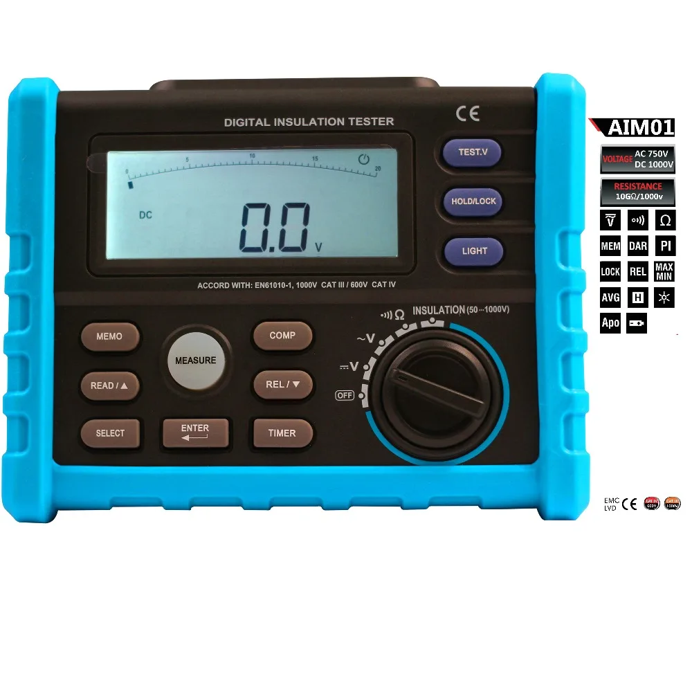 

1set AIM01 High Precision Megger Digital Insulation Resistance Meter Tester Multimeter 10G ohm 1000V Medidor with retail box
