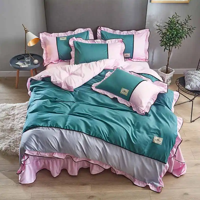 Green and Pink В современном американском стиле стиль высокого качества A сторона хлопок B СТОРОНА Шелк Цвет Соответствующие 4 набор постельных принадлежностей пододеяльник юбка лист - Цвет: Green and Pink