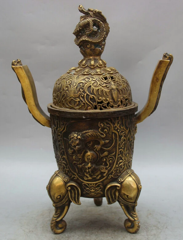 

Collectible bronze S1912 16" Marked Chinese Copper 3 Foot Elephant Head Dragon Incense Burner Censer