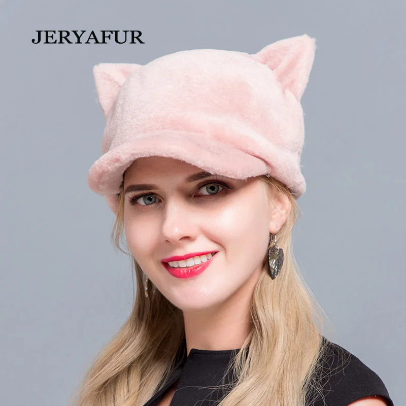 JERYAFUR/ горячая Распродажа, Новая меховая бейсболка с кошачьими ушками, Овечья меховая шапка, шерстяная женская шапка, милая Лыжная шапка из натурального меха, зимняя женская шапка