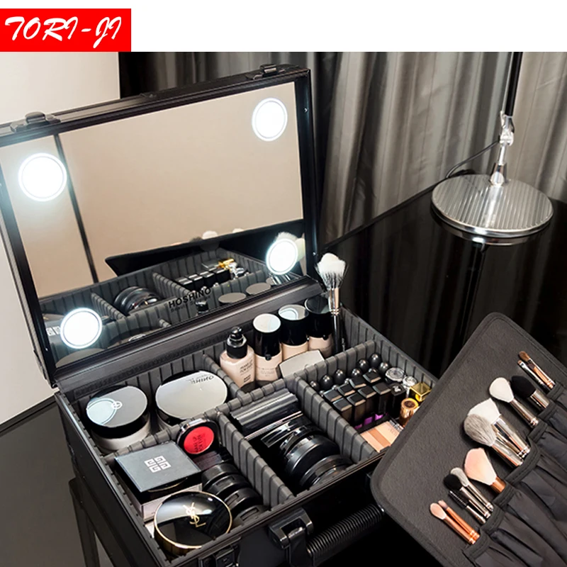 Tori ji New Adjustable LED lighted Makeup Box Beauty Case with Mirror Storage Travel Portable