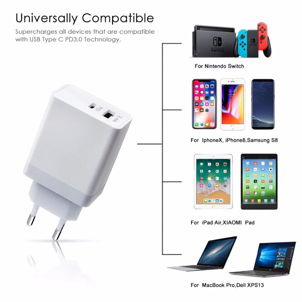 SOONHUA QC3.0 Ультра быстрый смарт адаптер для зарядки USB C PD 30 Вт Путешествия настенное